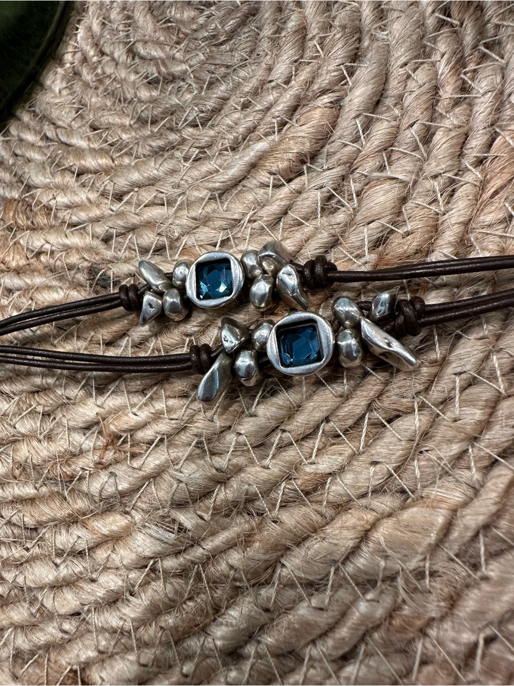 Uno de 50 Blue Crystal Silver Played Brown Leather Cord Bracelet